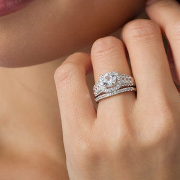 White Sapphire Cushion Frame Triple Row Bridal Ring Set Sterling Silver Size 5 - Picture 3 of 5